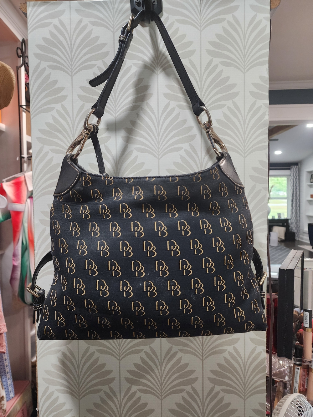 Dooney & Bourke Black Shoulder Bag with Gold Logo Print